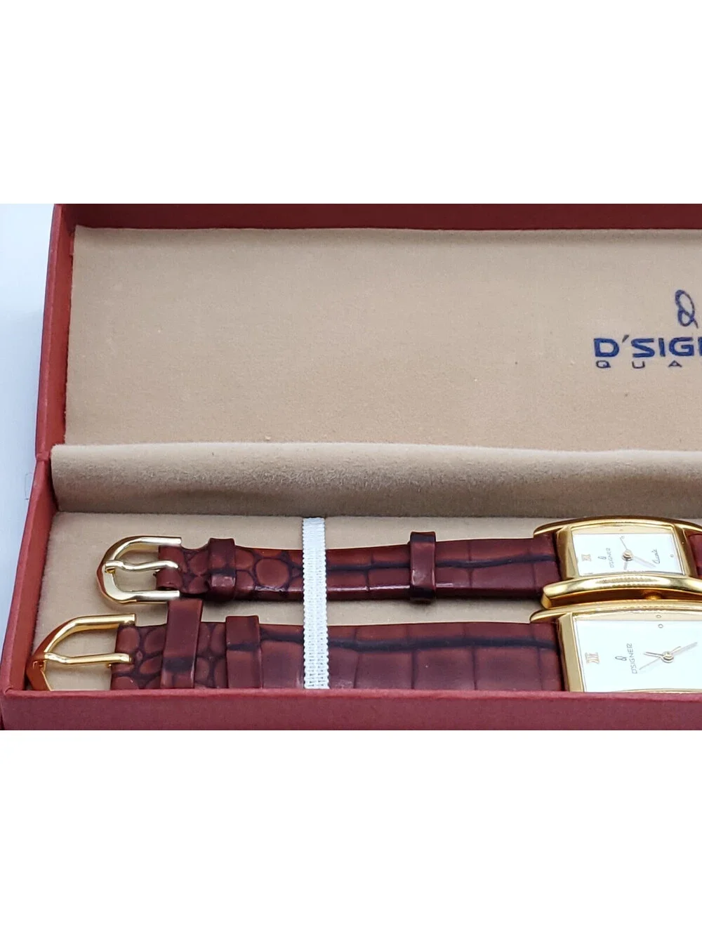 Man & Woman D'SIGNER Quartz Brown Band Watch Set New Batteries Gold Tone